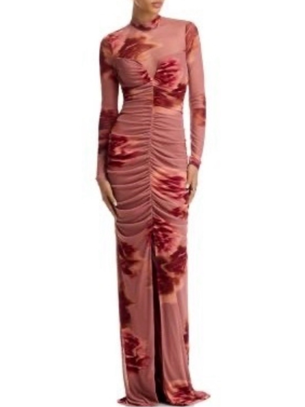 Black Halo Wendy Mesh Gown Floral Ruched Dress Size 4 Pink Long Sleeve Slit